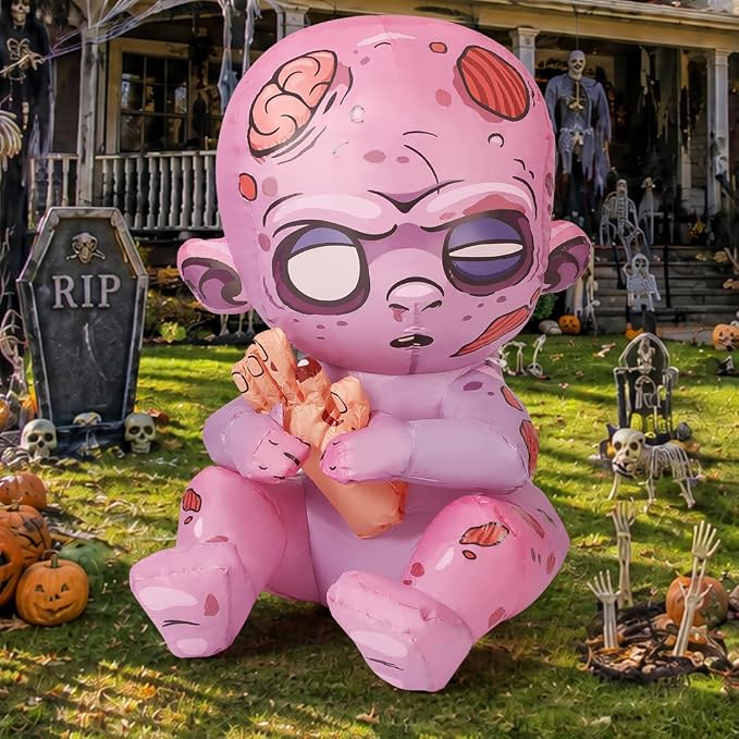 COMIN 3 FT Halloween Inflatables Zombie Outdoor Decorations Blow Up Yard with Built-in LEDs for Indoor Party Garden Lawn Decor - skull inflatable