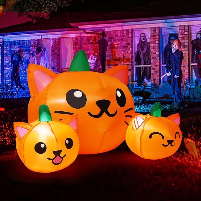 COMIN Halloween Inflatable 5FT Long Three Pumpkin Cat Head Combo with Built-in LEDs, Blow Up Yard Decoration for Holiday Party Indoor, Outdoor, Yard, Garden, Lawn - skull inflatable