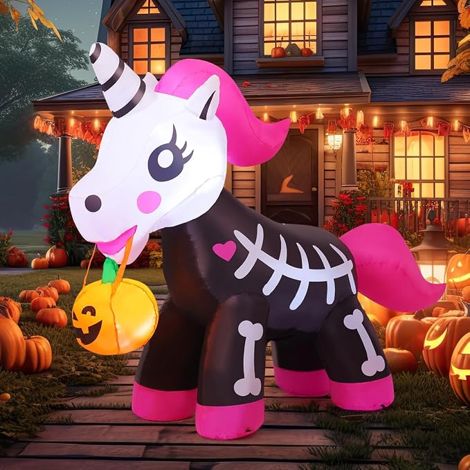 COMIN 5 FT Halloween Inflatables Skeleton Unicorn Outdoor Decorations Blow Up Yard Pink Cute with Built-in LEDs for Indoor Party Garden Lawn Decor - skull inflatable