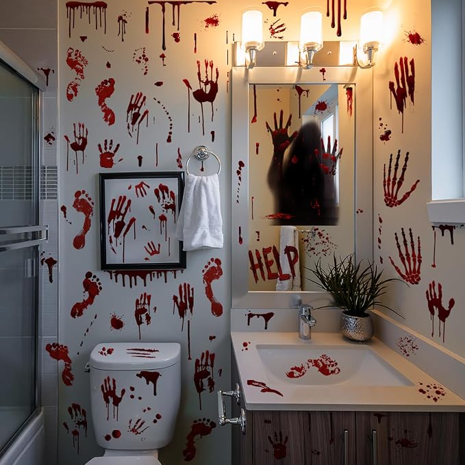 Halloween Bloody Handprint Footprint Window Stickers Wall Stickers for Halloween Party Decorations Inside Outside Decor Come with Plastic Scraper Tools - skull sticker