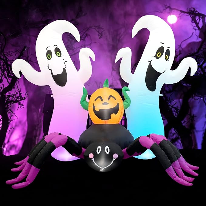 Halloween Inflatable, SHDEJTG 7Ft Pumpkin Ghost Spider Inflatable Decoration, Blow Up Yard Decoration Clearance with LED Lights Built-in for Outdoor, Holiday, Party, Yard, Garden