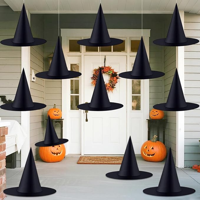 ZeeDix 12 PCS Halloween Witch Hats, Hanging Decor for Yard Porch Ceiling - skull carpet