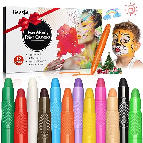 Beesjuy Face Painting Kits for Kids,12 Color Water Based Face Paint Kit, Washable Kids Body Paint for Makeup, for Birthday, Halloween, Thanksgiving Day, Cosplay Makeup, Gifts for Children - skull painting
