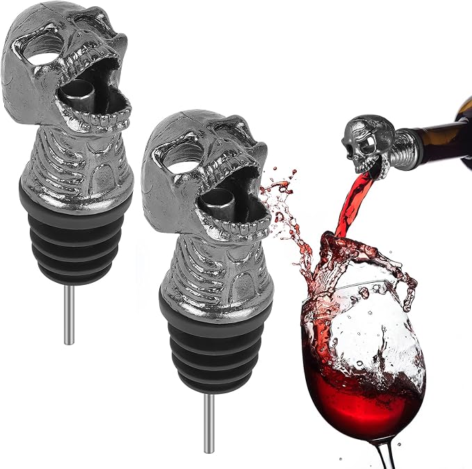 Linkidea 2 Pack Skull Aerator Pourer, Decanter Spout for Wine, Whiskey, Gothic Skull Bar Gadget for Smooth Pouring, Party & Home Bar Accessory, Halloween Christmas New Year Gift - skull bottle