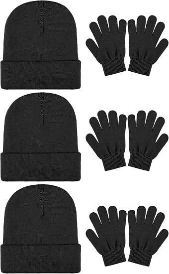 Cooraby 6 Pack Kid's Winter Beanies Hat Full Fingers Gloves Set Skull Winter Caps Stretchy Gloves for Boys Girls - skull hat