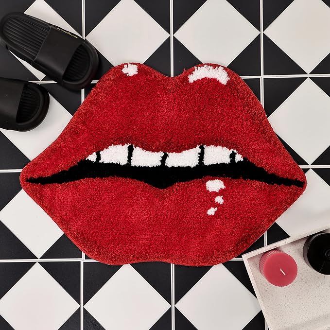 Lips Shaped Bathroom Rug, Cute Bath Mat Fun Bathroom Rugs, Red - skull toilet rug