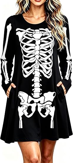 Roshop Halloween Women's Long Sleeve Pocketed Holiday Dress - sugar skull dress
