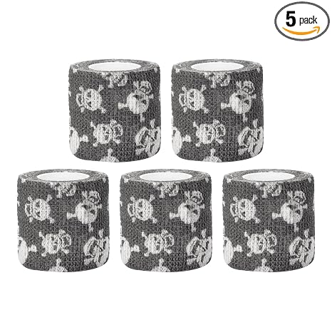 ATOMUS 5pcs 5cm * 1.8m Disposable Cohesive Self-adhesive Tattoo Grip Bandage Roll Mini Elastic Handle Grip Tube Cover Wrap (#01) - skull sticker