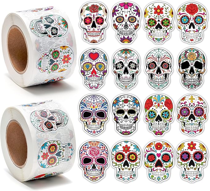 H1vojoxo 1000PCS Day of The Dead Sugar Skull Sticker Roll, Mexican Dia de Los Muertos Stickers for Water Bottle, Mexican Day of The Dead Decals, Sugar Skull Stickers for Luggage, Laptop, Computer - skull suitcase