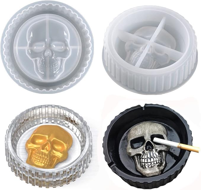 Skull Ashtray Resin Molds Halloween Silicone Mold Skeletons Jewelry Storage Epoxy Molds for DIY Round Trinket Box Art Craft (A) - skull ashtray