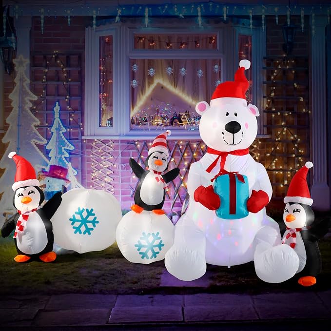 Inflatable Christmas Decorations, SHDEJTG 10FT Snowman Polar Bear Snowball Blow Up Christmas Decorations Outdoor with Colorful Rotating LED Lights, Giant Inflation for Xmas Indoor Lawn Garden - skull inflatable