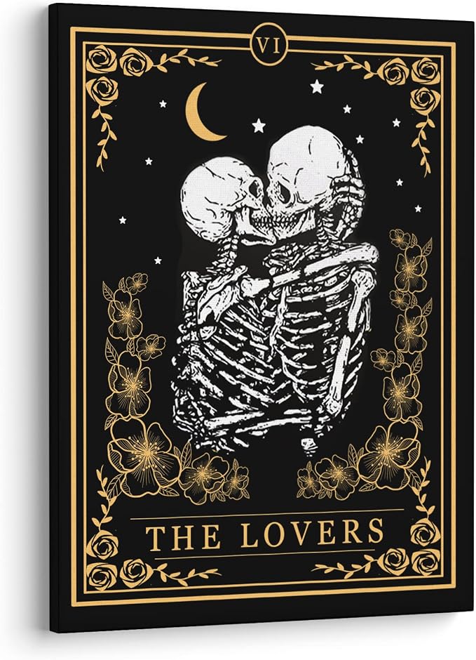 XWELLDAN Tarot Kissing Skeleton The Lovers Halloween Wall Art Canvas Prints, Love Gifts for Women, Mysterious Skull Halloween Romantic Wall Art Decor for Home Bedroom Bathroom, 11 x 14 Inch, Framed - skull wall art