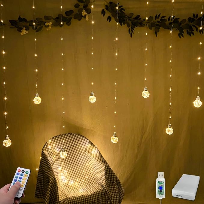 YOLIGHT Wishing Ball Curtain Lights 200 LED Window Curtain String Lights with Remote, USB Battery Powered Twinkle Globe Fairy Lights for Wedding Party Bedroom Christmas Decoration (Warm White) - string light