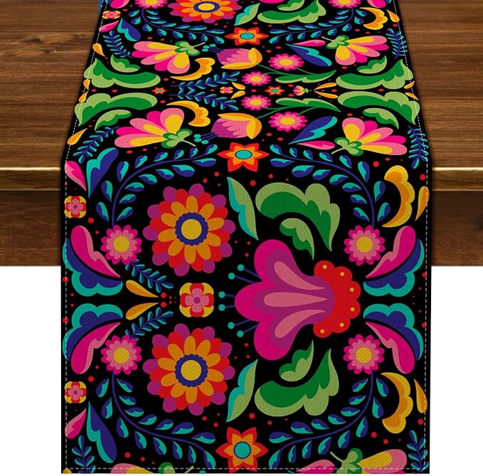 Mexican Fiesta Table Runner Dia De Los Muertos Decorations Cinco De Mayo Rustic Linen Home Dining Room Kitchen Table Decor 72 Inches Long - skull floor mat