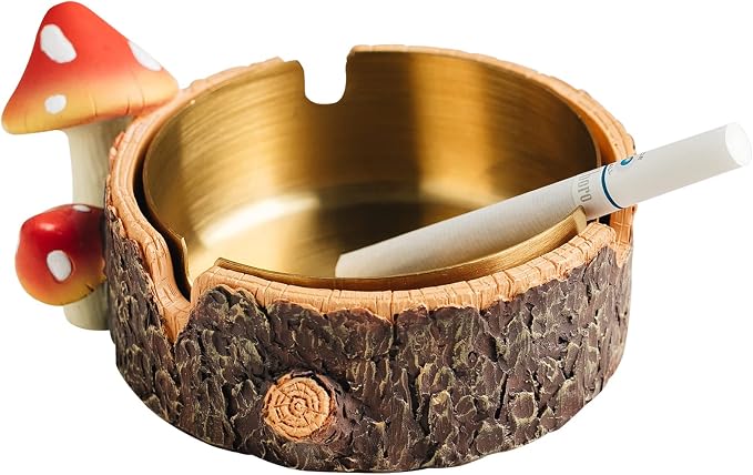 Cute Mushroom Ashtray with Stainless Steel Tray for Cigarette, Natural Resin Ash Tray for Indoor or Outdoor use, Ash Holder for Home and Garden Decor - skull ashtray