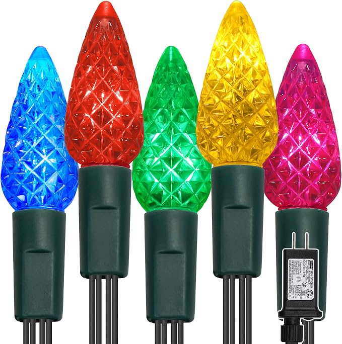 WATERGLIDE C6 Christmas Lights, 33ft 100 LED Faceted String Lights Green Wire Fairy Lights with Safe Adaptor, 8 Lighting Mode, Waterproof for Indoor Outdoor Patio Xmas Tree Party Decor, Multicolor - string light