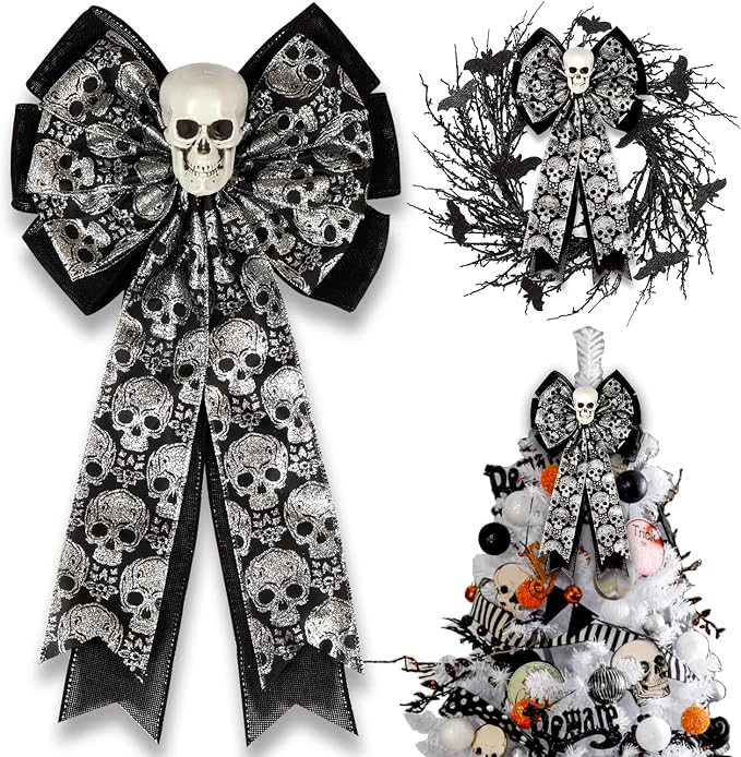Skull Gothic Decor,Halloween Bows for Wreaths Decorations, Halloween Tree Topper Bow, Decorative Bow with Skull Glitter Silver Black Burlap for Fall Home Front Door Outdoor - skull wreath