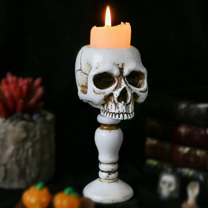 Skull Candle Holder - Gothic Tabletop Cranium Skeleton Head Candlestick Retro Spooky Desktop Tealight Cup Horrible Home Office Bar Party Graveyard Decor - skull candle