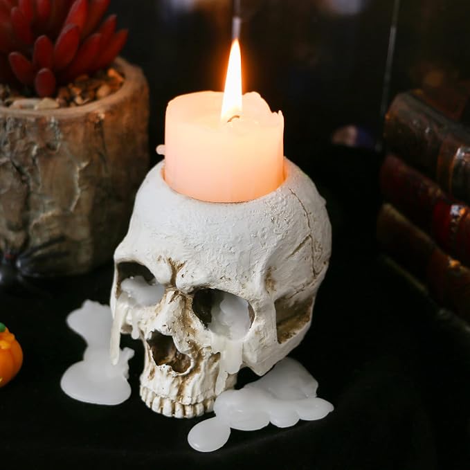 Skull Candle Holder - Gothic Shed Tears Human Skull Tealight Candle Holder Novelty Skull Bone Candlestick Halloween Home Bar Party Tabletop Decor - skull candle
