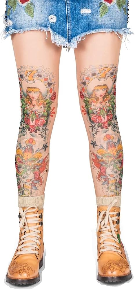 Wild Rose Ladies LUCKY 7 COWGIRL Tattoo Leggings Footless Tights, Tan - skull leggings
