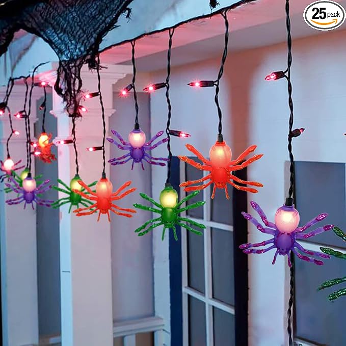 Halloween Spider String Lights, 7Ft Halloween Decorative String Lights with 10 Multicolor Spider and 15 Purple Mini Bulbs UL Listed for Window Porch Stair Bar Indoor Outdoor Patio Party Decor - string light