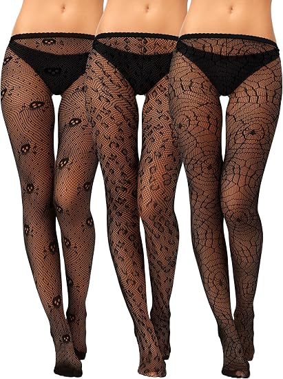 Bencailor 3 Pairs Halloween Women Fishnet Stocking - skull leggings