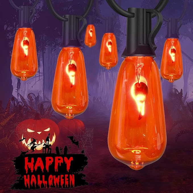 Halloween Flicker Flame String Lights Outdoor, 10Ft Halloween Decorations Lights with 10 ST40 Edison Orange Flame Bulbs, Outdoor Orange Lights for Patio Party, Black Wire - string light