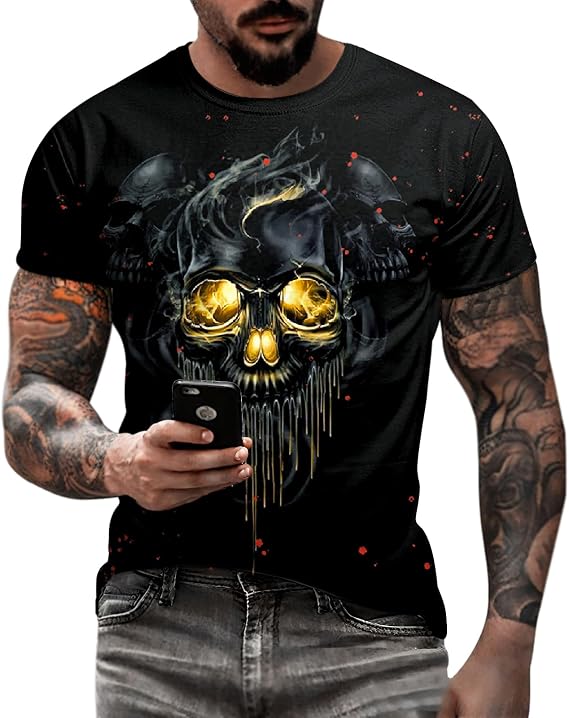 Eciodci Men's Halloween T-Shirts 3D Skull Print Short Sleeve T-Shirt Casual Round Neck Novelty Street Fashion Shirts - skull tshirt