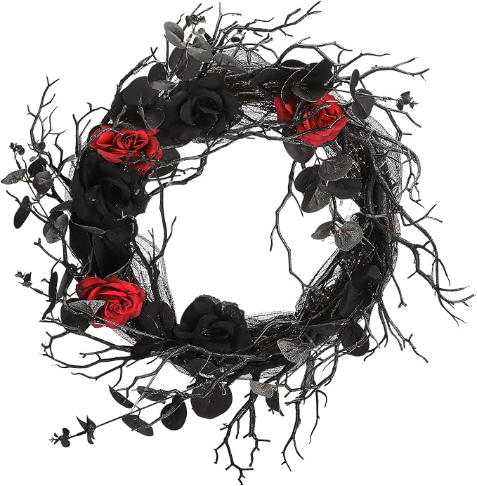 FQQWEE Black Halloween Door Wreath with Eucalyptus Leaves and Red Roses - Artificial Gothic Home Decor - skull wreath