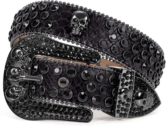 SUOSDEY Rhinestone Skull Belt Men Women Bling Stylish Belt Punk Fashion Studded Leather Belt for Jeans Pants Jacket - skull jacket