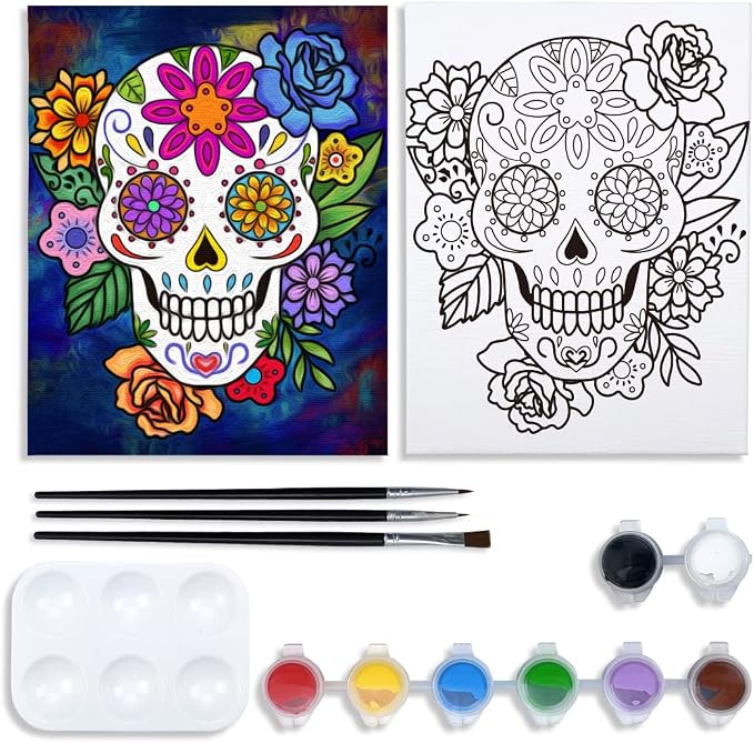 Pre Drawn Canvas Painting Kit for Adults Paint and Sip Party Supplies 8x10 in Canvas to Paint, 8 Acrylic Colors,3 Brush,1 Pallet Art Set Day of The Dead Dia de Los Muertos Sugar Skull - skull painting