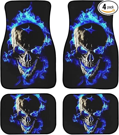 Blue Flame Skull Car Floor Mats, Front & Rear Full Set with Non Slip Rubber Backing, All Weather Protection Set of 4 for Most Vehicle - skull floor mat