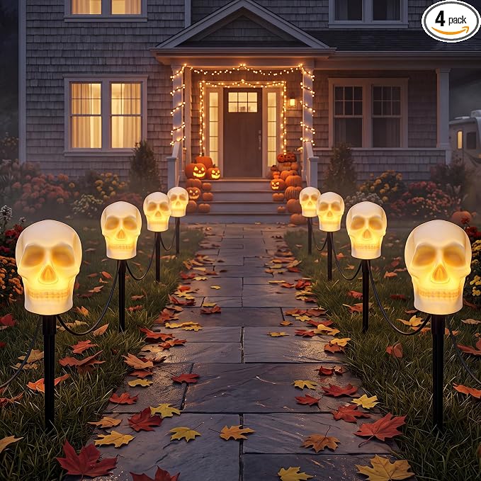 C7 Halloween Skull Pathway Stake Lights, 7 Ft Halloween Pathway String Lights with 4 C7 Bulbs, Stake, Halloweens Decorations Driveway Markers Lights for Outdoor Holiday Garden Walkway Party Lighting - string light