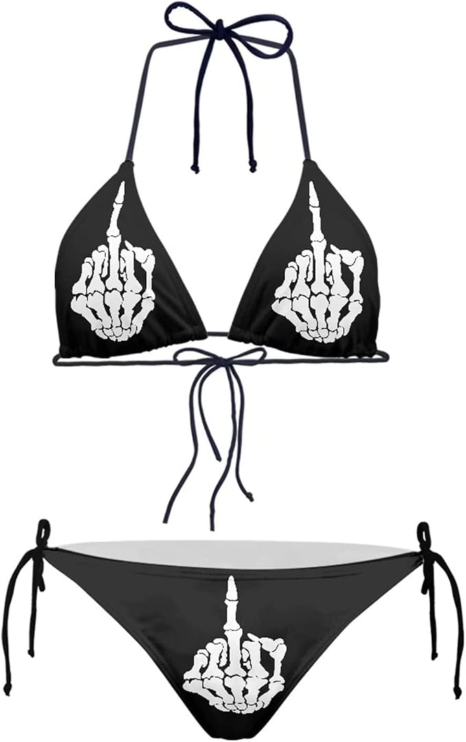 JEOCODY Women's High Waist Halter Bikini Set Two Piece Swimsuits Triangle Bikini Sets - skull swimsuit