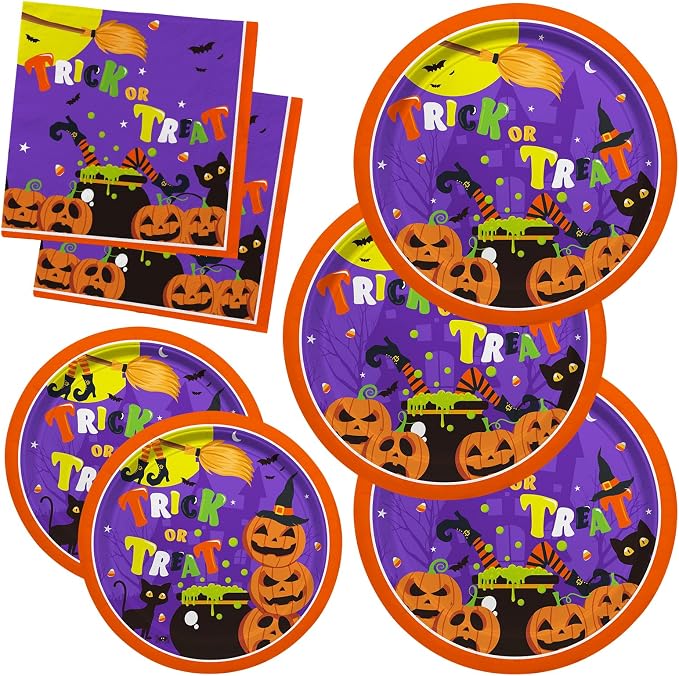 Halloween Party Supplies Kit Serve 50，Halloween Witch Pumpkin Design Includes Disposable Dinner Plates, Dessert Plates and Napkins, Birthday Party Decorations - skull plate