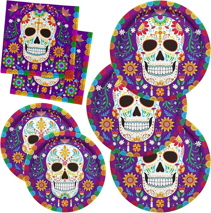 Day of the Dead Party Supplies Kit Serve 50, Includes Sugar Skull Dinner Plates, Dessert Plates, Napkins,Dia De Los Muertos Party Decorations - skull plate