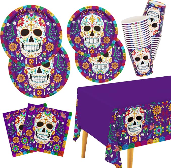Day of the Dead Party Supplies Kit Serve 25, Includes Disposable Sugar Skull Dinner Plates, Dessert Plates, Napkins, Cups and Tablecloth, Día de los Muertos Party Decorations - skull plate