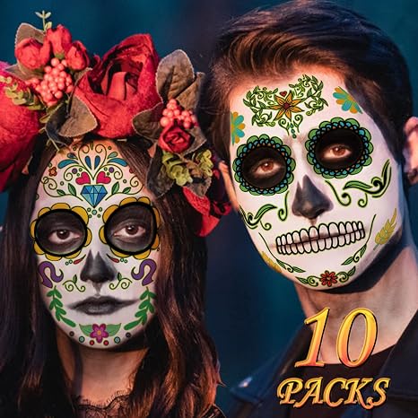 Day of the Dead Face Tattoos, Halloween Temporary Tattoo 10 Pack Dia de Los Muertos Skeleton Makeup Kit Catrina Red Rose Sugar Skull Full Face Stickers for Women Kids Halloween Accessories and Parties - sugar skull makeup