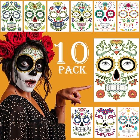 Day of the Dead Face Tattoos 10 Pcs Halloween Sugar Skull Temporary Tattoos - sugar skull costume