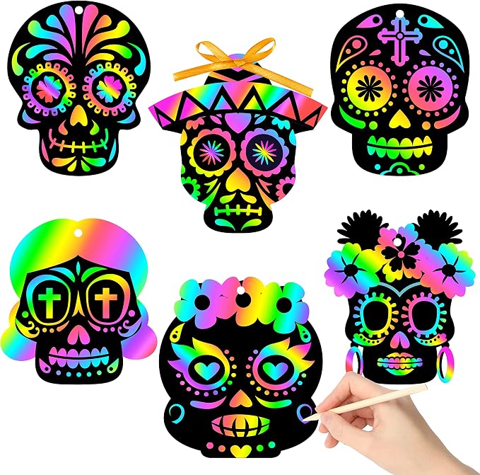 WATINC 60pcs Day of the Dead Skull Scratch Cards Art Hanging Ornaments, DIY Sugar Skull Color Card Craft Kit for Dia De Los Muertos Halloween School Party Supplies Decorations for Kids Adults - sugar skull ornament