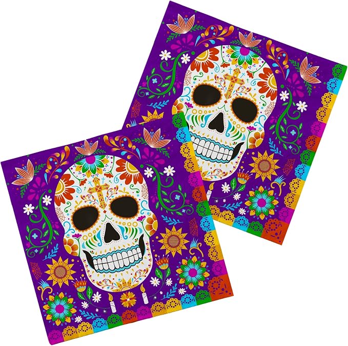Day of the Dead Party Supplies Disposable Paper Napkins for Dia De Los Muertos Party Decorations, 50 Pack, Sugar Skull Design and vibrant colors - skull plate