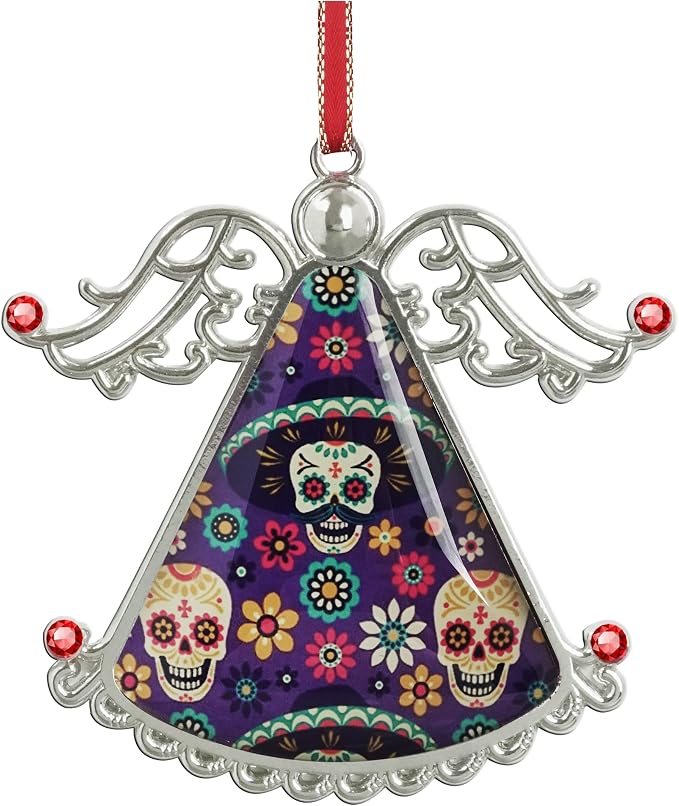 XUTAI Angel Christmas Tree Ornaments Sugar Skulls Flowers on Dark Glass Hanging Angel Glass Pendant for Holiday Decoration - sugar skull ornament