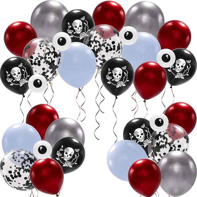 Cheerland Rose Skull Balloons Halloween Party Decoration Gothic Birthday Decorations Skull Decor RIP my 20's Goth Party Balloon Sugar Skull Spooky Bridal Shower Maroon Blood Balloons Photo Backdrop - skull inflatable