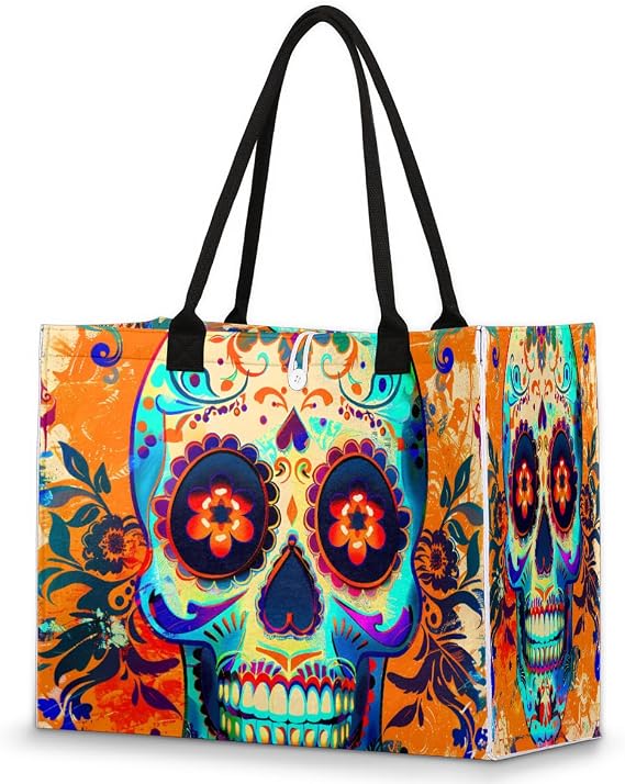 AUUXVA Beach Tote Bag Mexico Day Of The Dead Sugar Skull Large Travel Bag Utility Tote Bag Women Shoulder Bag Reusable Grocery Bag with Zipper Pouch for Travel Shopping Work School - sugar skull handbags for sale