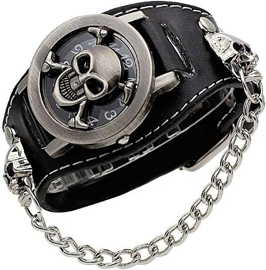 Cool Leather Punk Skull Quartz Men’s Wrist Watch,Skull Flip Cover Women’s Watch,Skull+Chains+Rivets Elements,Fashion for Valentine’s Day Gift