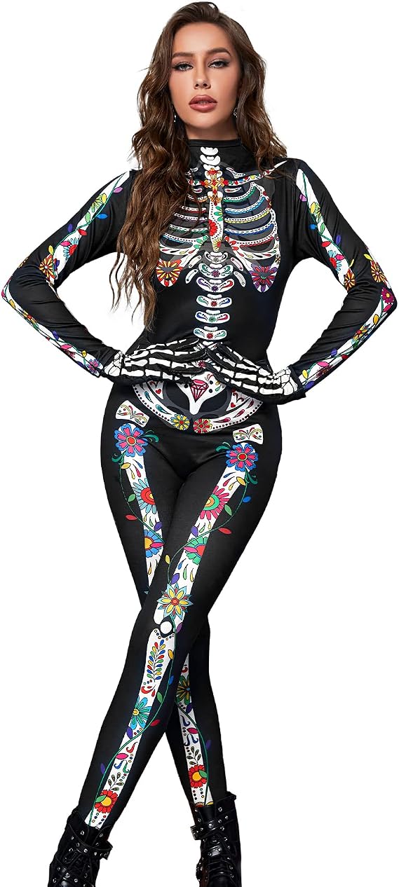 Joy Bang Skeleton Costume Women Adult, Skeleton Onesie Bodysuit with Gloves
