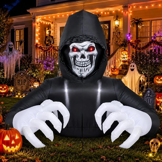 Buheco Inflatable Halloween Decorations Outside Grim Reaper 6FT Giant Scary Blow Up Skeleton Spooky Ghost Outdoor Yard Decor Inflatables Built in LED Lights for Indoor and Lawn Garden Party Holiday - skull inflatable