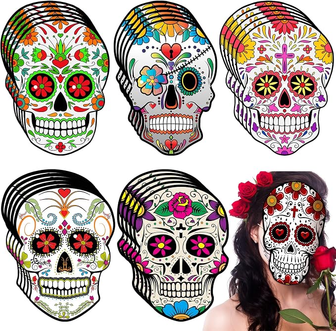 Spiareal 30 Pcs Day of the Dead Skull Masks, Halloween Paper Sugar Skull - sugar skull makeup