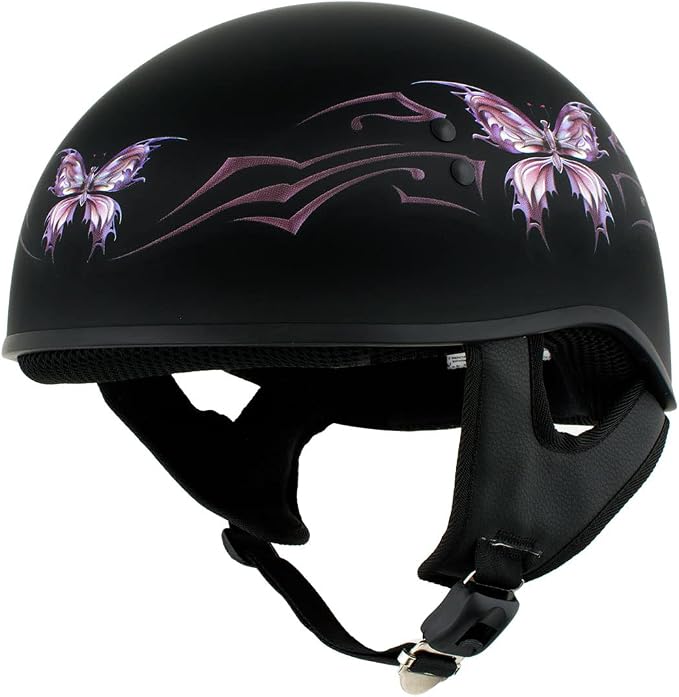 Hot Leathers HLD1052 DOT Skull Cap Half Helmet - Flat Black with Purple Butterfly Design Bikers - skull helmet