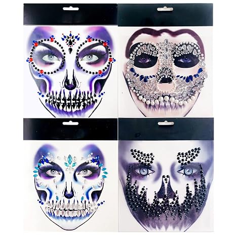 4 Pcs Halloween Face Gems Jewels Day of The Dead Sugar Skull Temporary Stickers Women Rhinestone Masquerade Face Crystal Tattoos Skeleton Makeup Cosplay Dress Up Holiday Festival Party Supplies - sugar skull makeup